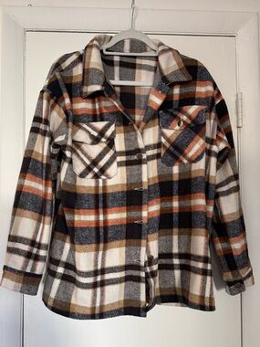 Plaid Button-Front Shacket Jacket - Cream, Black & Brown